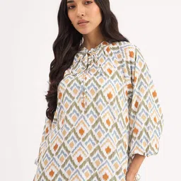 SALT ATTIRE Ikat Printed Tie-Up Neck A-Line Top-picture-16