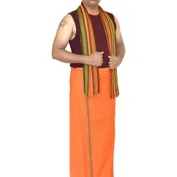 TUNI MANI Men Orange Cotton Dhotis with Towel image 2
