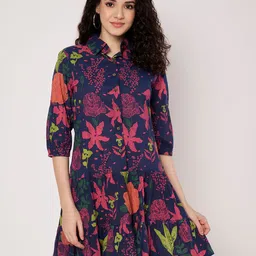 SPARSA Floral Print Shirt Collar Puff Sleeves Tiered Pure Cotton A-Line Dress-picture-18