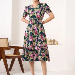 DressBerry Women Floral Print Puff Sleeve Fit & Flare Dress-picture-18