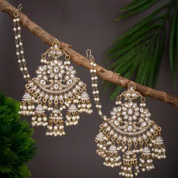 Anvik Gold-Plated Kundan Studded & Beaded Contemporary Drop Earrings image 1