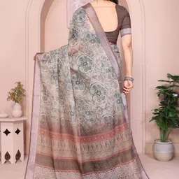 vj fashion Brown Linen Blend Printed Sarees image 3