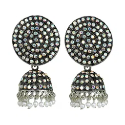 Desai Silver-Plated Artificial Stones Studded And Beaded Dome Shaped Jhumkas image 2