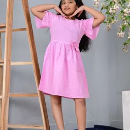 Cloth Bites Girls Solid Bell Sleeve Bow Detail Cotton Fit and Flare Dress-picture-41