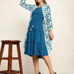 NG FASHION Smocked Detail Tiered Fit & Flare Dress With Shrug-image-45