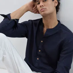 HERE&NOW Band Collar Roll-Up Sleeves Straight Kurta-picture-13