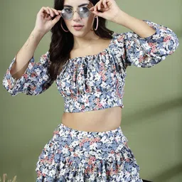 Oomph! Women Floral Printed Bell Sleeve Blouson Crop Top image 1