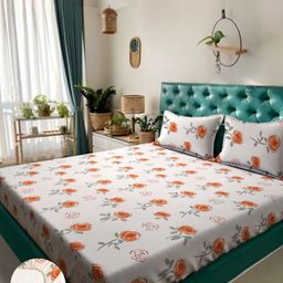 Arrabi Cream & Red Floral Printed 310 TC Super King Fitted Bedsheet Set 2.7 m x 2.6 m-picture-32