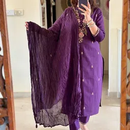 MILAAV Floral Embroidered Regular Thread Work Pure Cotton Kurta With Trousers & Dupatta-image-21