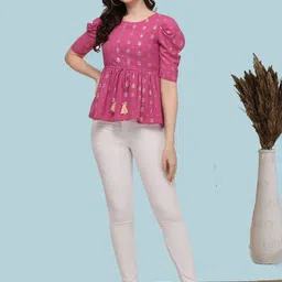 THE FAB FACTORY Print Puff Sleeve Ethnic Georgette Peplum Top image 4