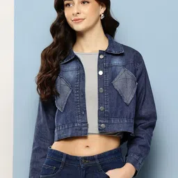 CORSICA Women Navy Blue Cotton Denim Jacket-image-65