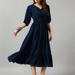 Raiyani Enterprise Women Puff Sleeve Crepe Fit & Flare Midi Dress-image-57