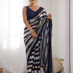 ODETTE Navy Blue Georgette Sequins Saree With Unstitched Blouse For Women-image-55
