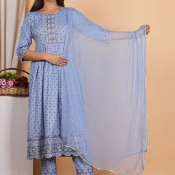 IKRASS Ethnic Motifs Printed Pleated A-Line Kurta with Trousers & Dupatta image 1