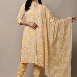 HERE&NOW Women Floral Printed Regular Thread Work Pure Cotton Kurta with Trousers & With Dupatta-picture-35