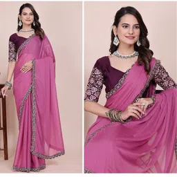 K 5 Fashion Solid Embroidered Poly Georgette Saree image 5