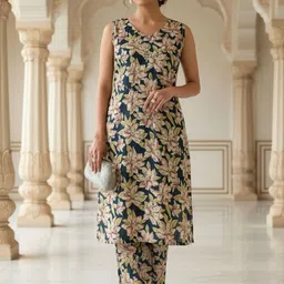 OZIA Women Floral Printed Regular Pure Cotton Kurta with Trousers-picture-19