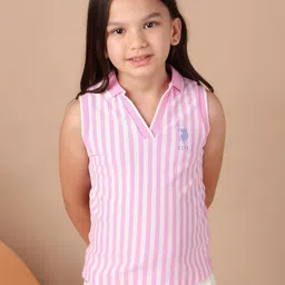 U.S. Polo Assn. Kids Girls Striped Polo Collar Sleeveless Pure Cotton T-shirt-picture-28