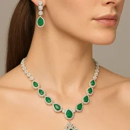 DressBerry Women Rhodium-Plated AD& Emerald Studded Necklace and Earrings Jewellery Set image 3