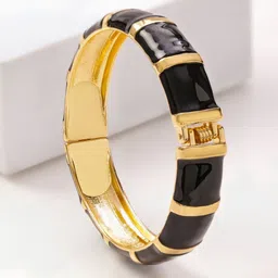 Rubans 22K Gold-Plated Brass Segmented Glossy Black Enamel Bold Statement Bangle Bracelet image 2