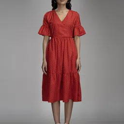 KRISS-CROX Polka Dots Printed Flared Sleeve Georgette Fit & Flare Dress-picture-19