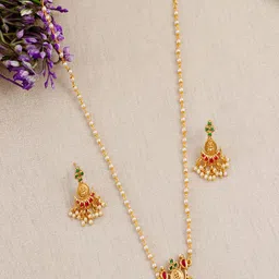 Anouk Gold Plated Pearls Beaded Coin Design Temple Neckace And Earrings image 4