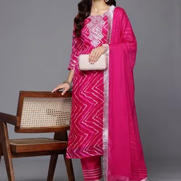 all about you Chevron Yoke Design Zari Kurta With Trousers & Dupatta image 4