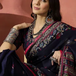 Desi Fusion Floral Printed Embroidered Jute Silk Saree image 2