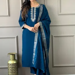 LIVIX Women Ethnic Motifs Embroidered Regular Thread Work Chanderi Silk Kurta with Trousers & With Dupatta-picture-21