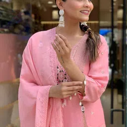 SHOPLANCE Women Ethnic Motifs Embroidered Regular Thread Work Kurta with Trousers & With Dupatta image 4