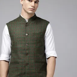 ColorPlus Checked Textured Mandarin Collar Nehru Jacket-image-15