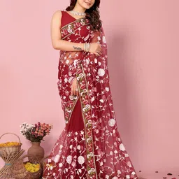 HERE&NOW Floral Embroidered Saree with Blouse Piece-picture-55