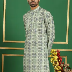 Anouk Green Geometric Printed Band Collar Straight Kurta image 3