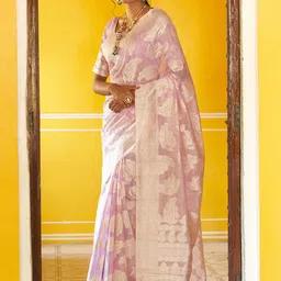 KALINI Lavender Linen Blend Paisley Saree with Unstitched Blouse Piece-picture-36