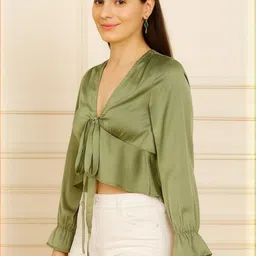 Slenor Women V-Neck Satin Cinched Waist Crop Top-image-18