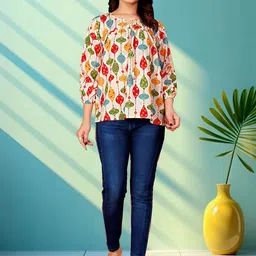 KHANJAN FASHION Floral Printed Tie-Up Neck Puff Sleeve Crepe Top-image-62