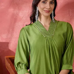 Sangria Floral Embroidered V-Neck Mirror Work A-Line Kurta With Palazzo image 5