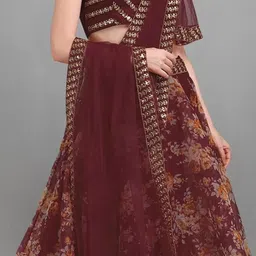 BAESD Girls Floral Printed Silk Semi-Stitched Lehenga & Unstitched Blouse With Dupatta image 2