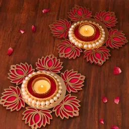 Aapno Rajasthan Pink 2 Pieces Metal Lotus Tea Light Artistry Pooja Essentials-image-43