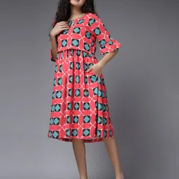 House Of Zelena Printed Bell Sleeve Maternity Fit and Flare Dress-picture-33