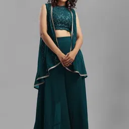 PARROT CREATION Floral Embroidered Crop Top And Shrug With Palazzos-picture-20