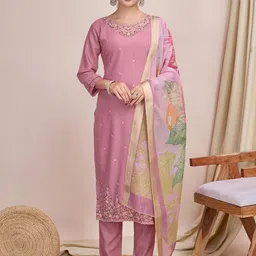 BINDUDI Floral Embroidered Round Neck Chanderi Silk Straight Kurta With Trouser & Dupatta-picture-15