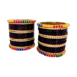 Shasmi Set Of 10 Black Glass Artificial Stones & Beads Bangle image 2