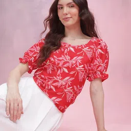 DressBerry Floral Print Sweetheart Neck Puff Sleeve Top-image-1