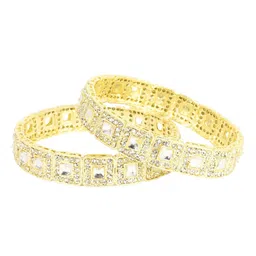 zulka Set of 2 Golden Metal Bangles Kada with Zircon Diamond & Kundan Mirror image 3