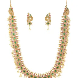 Rubans 22K Gold-Plated Green & Ruby Kundan Studed Handcrafted Necklace Set with Pearl Bead image 4