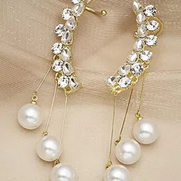 DressBerry Gold Plated Cubic Zirconia Studded & Pearls Beaded Floral Ear Cuffs image 4