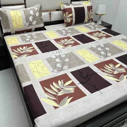 Pure Decor Brown & Grey Floral Queen Bedsheet with 2 Pillow Covers-image-44