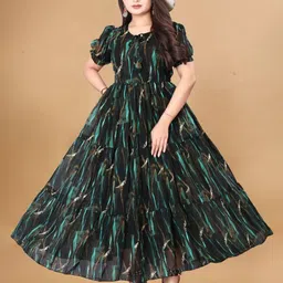 Zanies Printed Puff Sleeve Tie-Up Neck Georgette Fit & Flare Maxi Dress image 2