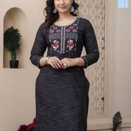 AUZAAI COLLECTION Selection Of 2 Striped Thread Work Round Neck Straight Kurtas-image-4